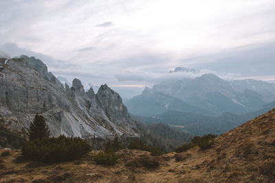 Scenic view of mountains against cloudy sky