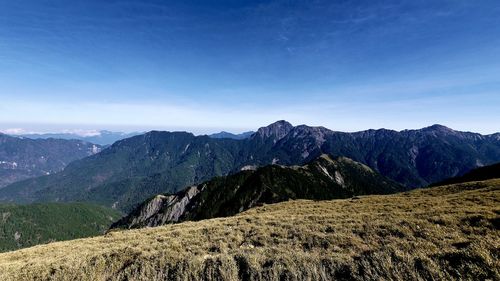 Scenic view of mountains against clear blue sky