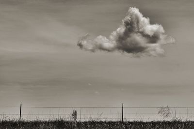 Low angle view of fence on field against sky