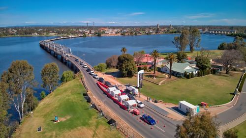 High angle view of bridge in city against sky