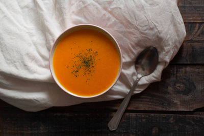 High angle view of soup in bowl on table