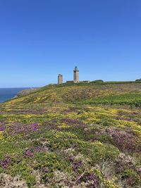 Scenic view of sea against clear blue sky