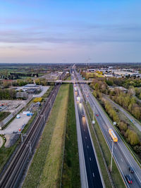 High angle view of light trails on road