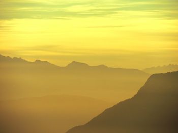 Scenic view of mountains against sky during foggy weather