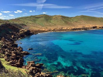 Scenic view of lake against blue sky