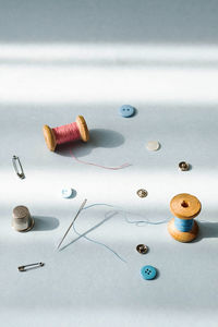 Threads and different tools for sewing. stitching instruments. needlework hobby concept.