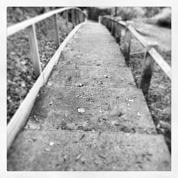 transfer print, auto post production filter, selective focus, surface level, the way forward, diminishing perspective, close-up, metal, focus on foreground, vanishing point, day, no people, outdoors, sunlight, railing, empty, asphalt, textured, nature, transportation