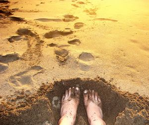 Low section of person standing on wet sand