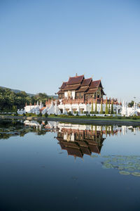 Buildings by lake against clear sky