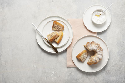 High angle view of breakfast served on table