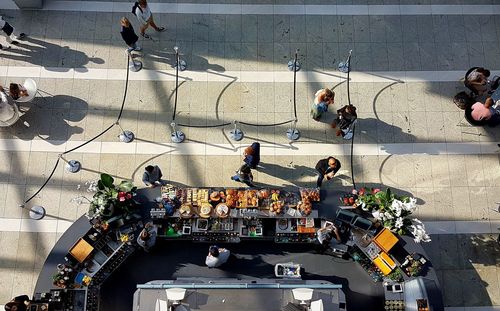 High angle view of people on road