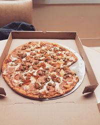 High angle view of pizza on table