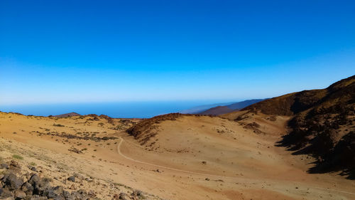 Scenic view of desert against clear blue sky