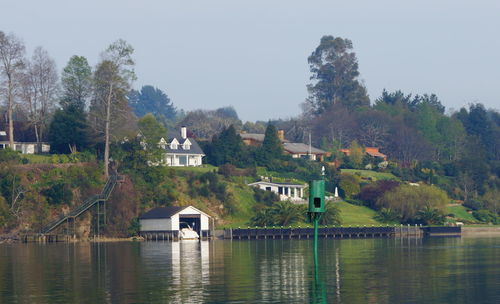 Scenic view of lake with houses in background