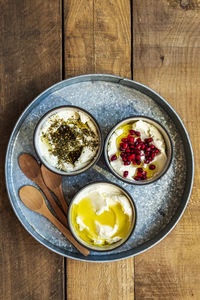 High angle view of labneh served on table