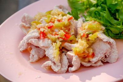 Close-up of chopped vegetables in plate