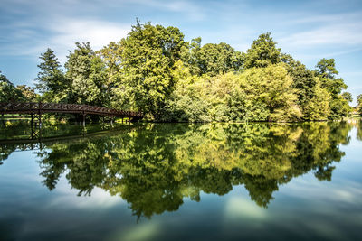 Reflection of trees in lake against sky