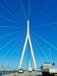 View of suspension bridge against blue sky