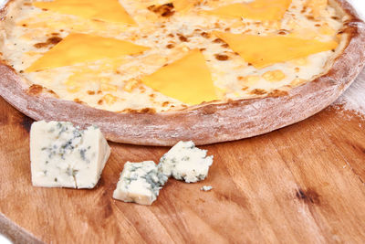 High angle view of chopped bread on cutting board