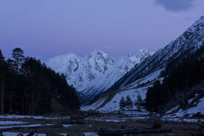 Low angle view of trees and mountains against blue sky