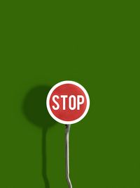 Close-up of road sign against green background