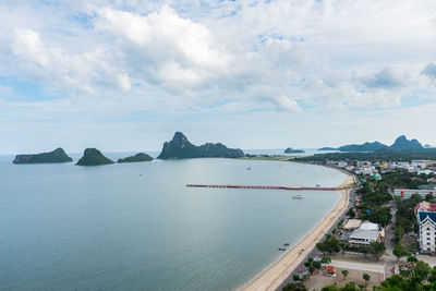 High angle view of bay against sky