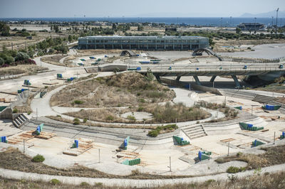 High angle view of construction site against sky