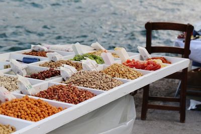 High angle view of various nuts on market stall