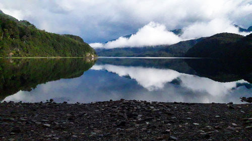 Scenic view of lake and mountains against sky