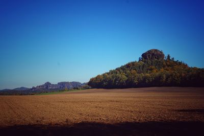 Scenic view of field against clear blue sky