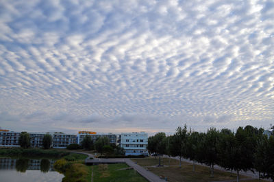 High angle view of buildings against sky