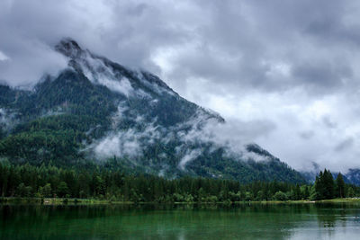 Scenic view of lake by trees against sky