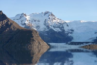 Beautiful scenery mountain in iceland with smooth reflection and snow on the mountains.