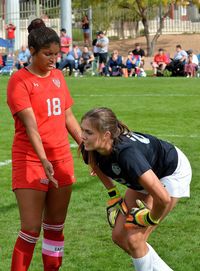 Friends playing soccer on field