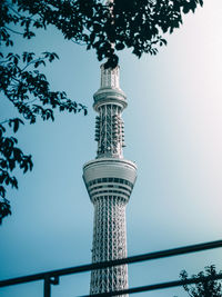 Low angle view of tower and building against sky