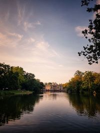 Scenic view of lake against sky at sunset