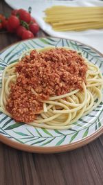 Close-up of noodles served in plate