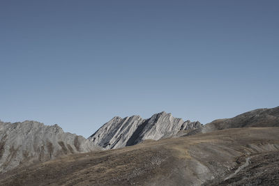 Scenic view of arid landscape against clear blue sky