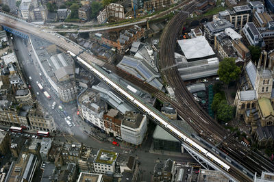 High angle view of traffic on road in city