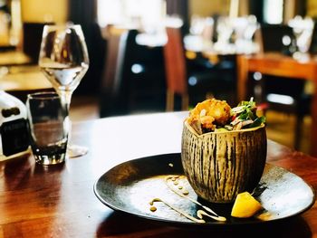 Food in plate on table at restaurant