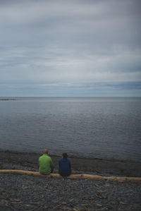 Rear view of people sitting on beach