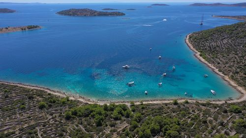 Beautiful bay with anchoring boats. aerial shot