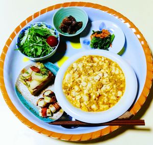 High angle view of food served on table