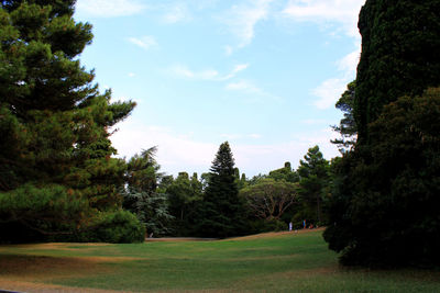 Scenic view of green landscape and trees against sky