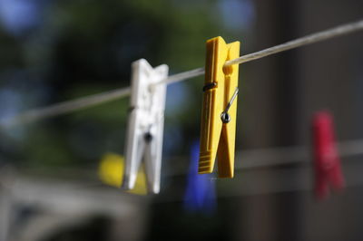 Close-up of clothes hanging on rope