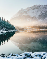 Scenic view of lake against sky during sunset