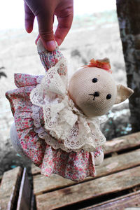 Close-up of hand holding stuffed toy cat doll