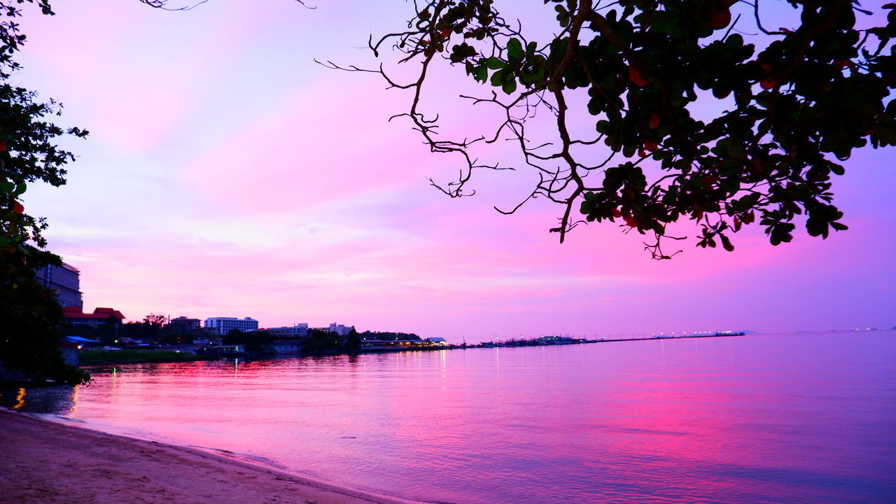 water, sky, tree, beauty in nature, nature, plant, scenics - nature, tranquility, sunset, cloud, sea, dusk, evening, reflection, pink, tranquil scene, no people, beach, outdoors, silhouette, travel destinations, land, landscape, idyllic, environment, travel, multi colored, architecture