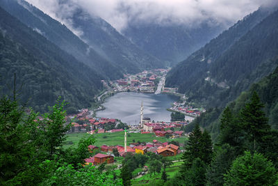 High angle view of buildings and mountains against sky. landscape in uzungol, turkey