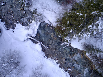 High angle view of snow covered land
